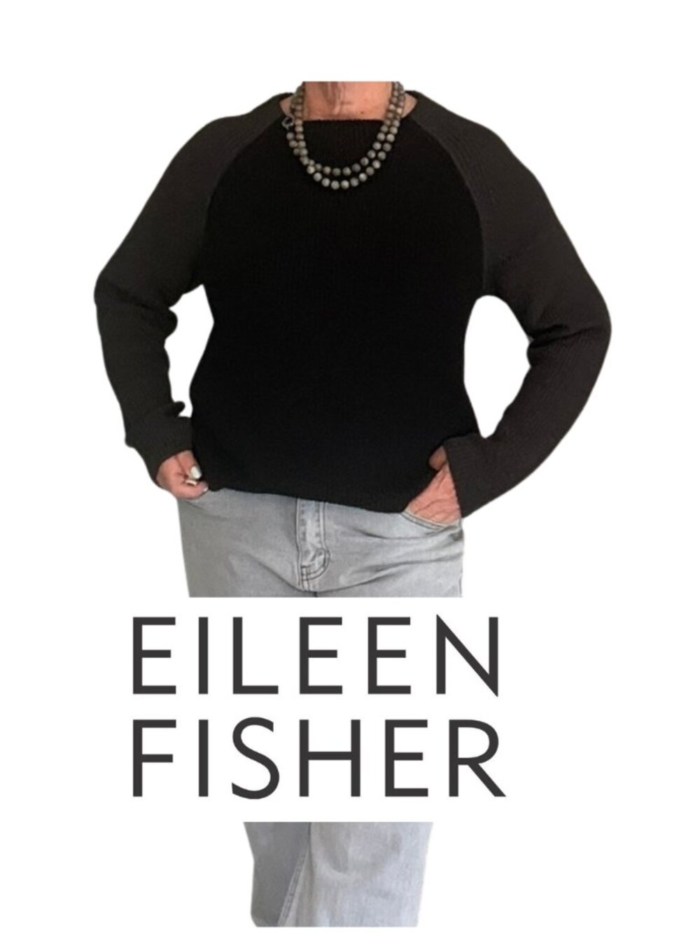 EUC Eileen Fisher Ribbed Contrast Raglan Sleeve Pullover Knit Sweater Size Med